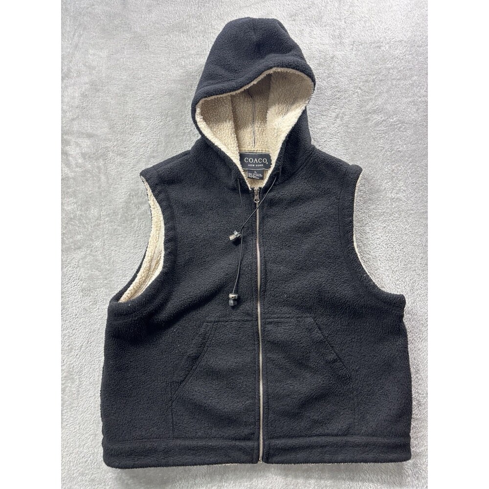 COACO New York Women's  Fleece Casual Vest Sherpa Lined Size L Black With Hood